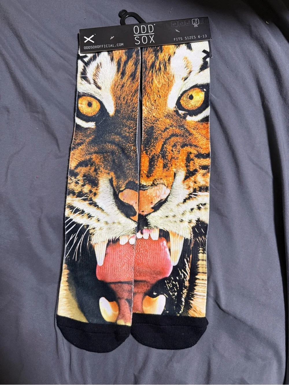 Odd Sox Men’s Tiger Face Crew Socks in Orange/Black